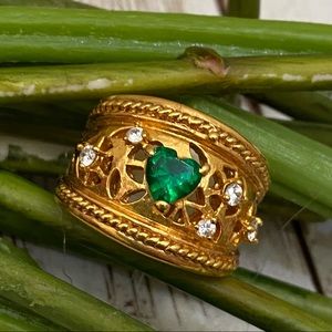 24K Gold- plated Emerald Heart Stone Statement Fashion Ring Size 7